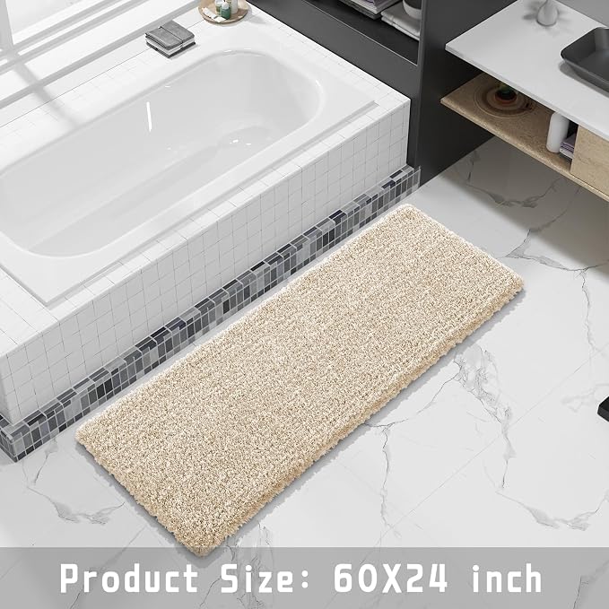 Yimobra Luxury Bathroom Rugs, Fluffy Bath Mats, Non Slip, Water Absorbent Microfiber, Machine Washable, Plush Runner Shower Rugs, Thick Matts for Bathroom Floor/Tub, 60" X 24", Light Beige and White