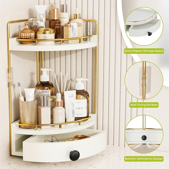 2-Tier Corner Bathroom Counter Organizer with Drawer & Embedded Screw Holes - Wooden Countertop Organizers for Skincare, Makeup Storage, Bathroom Sink Counter Shelf for Vanity, Kitchen, White Gold