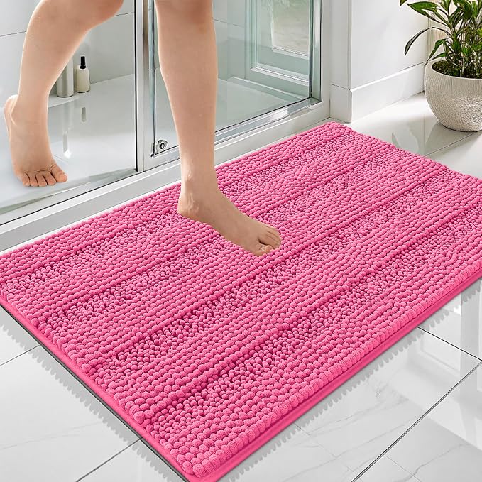 OLANLY Thick Bathroom Rugs 36x24, Extra Soft Absorbent Chenille Striped Bath Rugs, Rubber Backing, Machine Wash Dry, Bath Mats for Bathroom Floor, Tub and Shower, Home Decor Accessories, Hot Pink