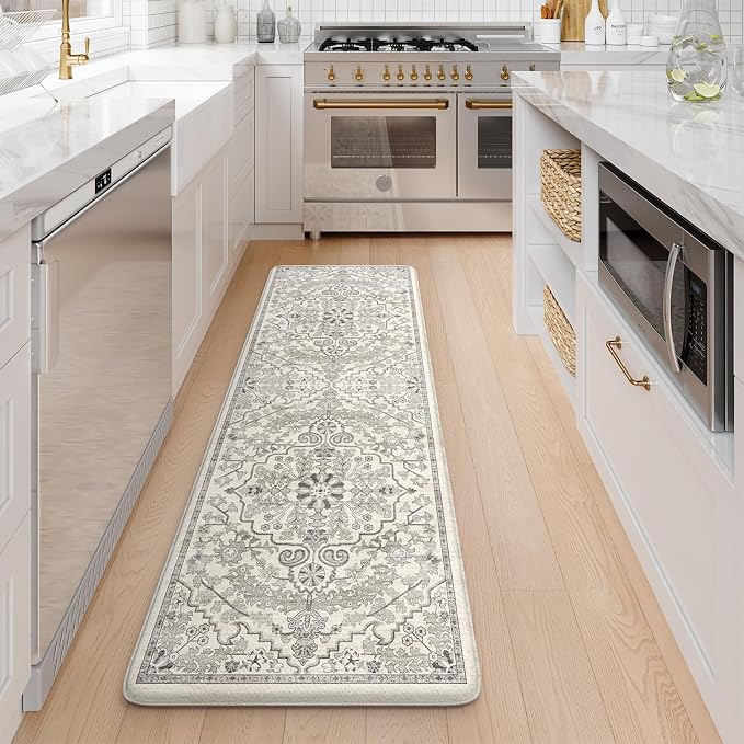 KIMODE Anti Fatigue Kitchen Mat, Cushioned Boho Kitchen Runner, Non Slip Farmhouse Kitchen Mat for Floor, Waterproof Standing Desk Mat for Laundry, Office, Sink Grey 17.3"x59"