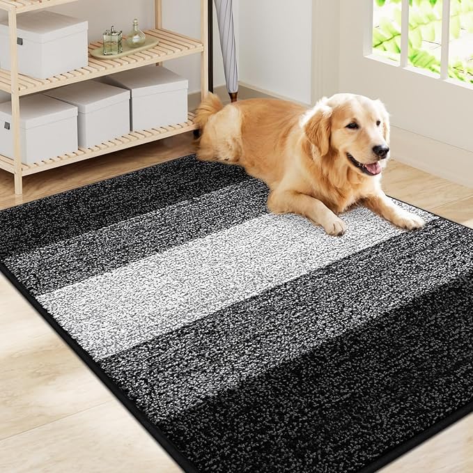 Smiry Dog Door Mat for Muddy Paws, Absorbs Moisture and Dirt, Low-Profile Entryway Mat with Non-Slip Backing, Entry Indoor Outdoor Doormat for Inside Floor (40x32 Inches, Black, Striped)