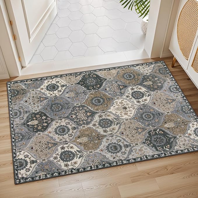 Lahome Moroccan Trellis Area Rug, 2x3 Entryway Rug Non-Slip Washable Indoor Door Mat, Small Oriental Accent Throw Carpet for Bedroom Kitchen Entry Bathroom Elise, Grey