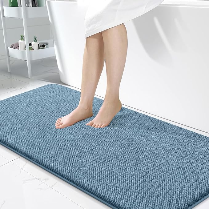 OLANLY Thick Memory Foam Large Bathroom Rugs 50x30, Extra Soft Absorbent Bath Rug, Quick Dry Bath Mat, Non-Slip, Machine Washable Mats for Bathroom, Tub and Shower, Home Decor Accessories, Airy Blue