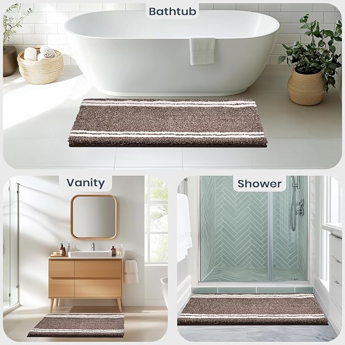 PURRUGS Bathroom Rug Non-Slip Machine Washable 24" x 60", Super Absorbent and Quick Dry Shaggy Microfiber Bath Mat, Extra Soft and Plush Bath Rug for Bathtub, Shower, and Sink, Brown