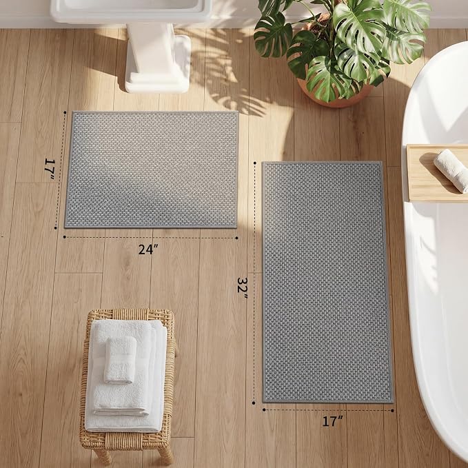YIHOUSE Thin Bath Mat Grey Bathroom Rugs Sets 2 Pieces, Non Slip Absorbent Mats Quick Dry, Woven Rugs Washable, Tapetes para Baño for Bathroom Toliet,Bathtub(17"x24"+17"x32")