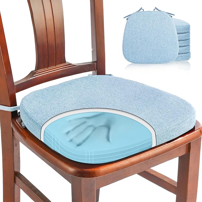 SINOSSO 6 Pack Memory Foam Chair Cushions for Dining Chairs, Friendly Woven Fabric 16" U-Shape Comfortable Kitchen Chair Pads, Removable Slip Resistant Seat Cushions (Set of 6, Water Blue)