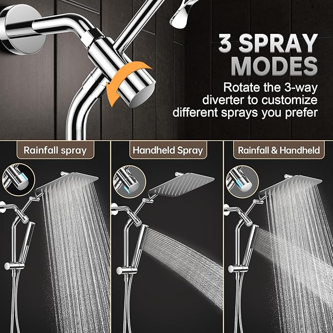 Veken All Metal 10" Shower Head with Handheld, Luxurious Square Double Rain Shower Heads with Spray Combo, Dual High Pressure Detachable Rainfall Showerhead with Extension Arm, Long Hose,Chrome,Sliver