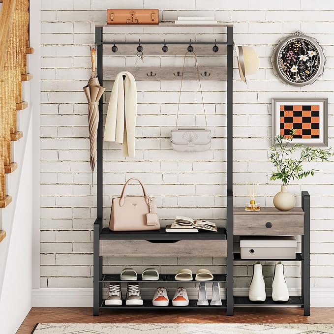 HOOBRO Hall Tree with Bench, Shoe and Coat Rack for Entryway, Coat Rack with Bench, Flip Top Storage Box, PU Cushioned Seat, Non-Woven Fabric Drawer, for Entrance, Greige and Black BG110MT01