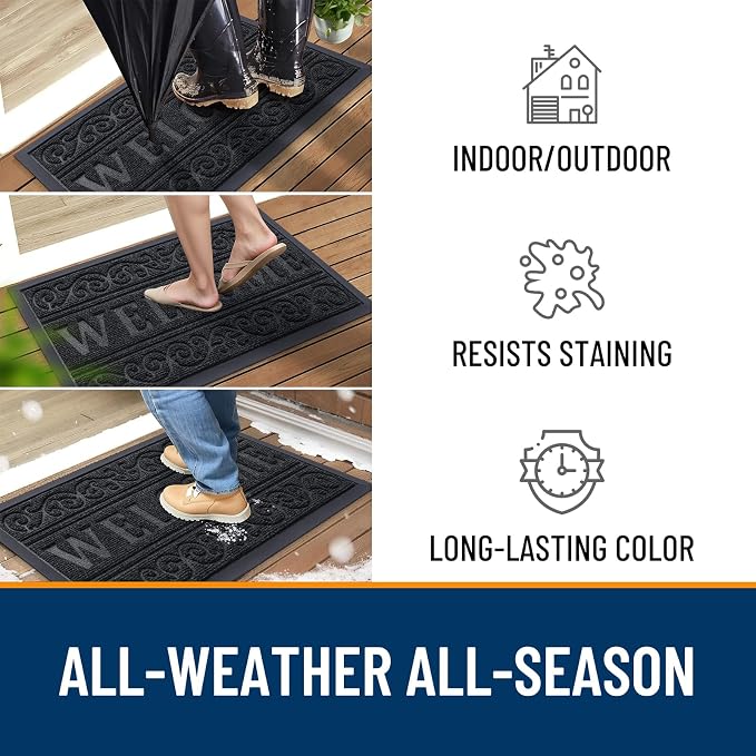 OLANLY Welcome Door Mat Indoor Outdoor Entrance, Heavy Duty Sturdy Front Door Mat, Waterproof All-Weather Doormat, Stain Resistant, Low Profile, Easy Clean Patio Entryway Mat, 29.5 x 17, Black