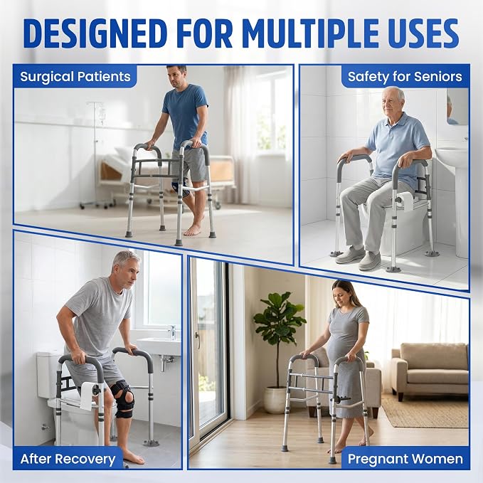 Toilet Safety Rails for Seniors 350lb, Adjustable Height & Width Toilet Bars for Elderly | Foldable Non-Slip Toilet Safety Frame, 4 Suction Cups & 4 Tips, Reinforced 2 C-Clamp – Fits Most Toilets