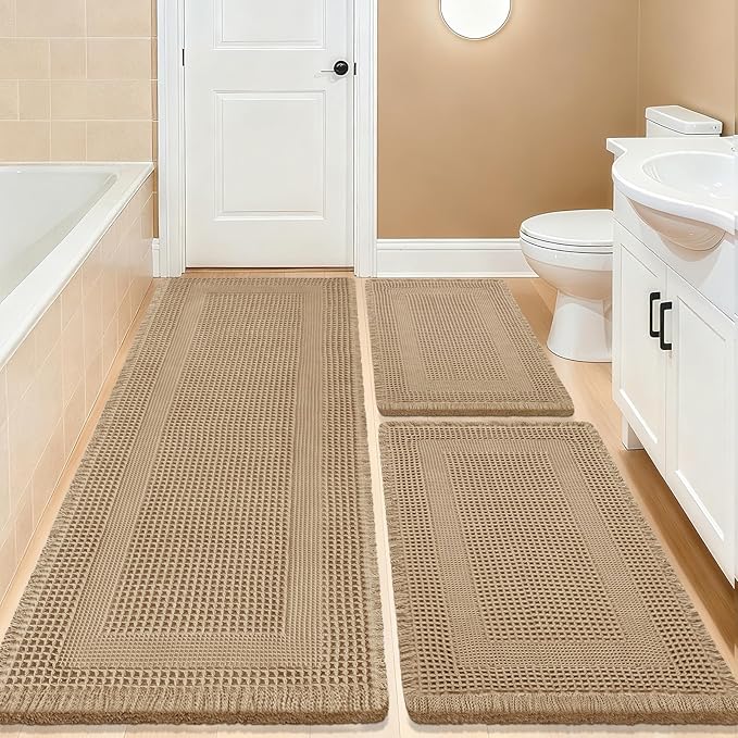 Upgrade Waffle Bath Mat Set 3 Piece, Boho Bathroom Rugs Absorbent Non Slip, Ultra Soft Bathroom Mat, Machine Washable Knit Bath Rugs with Tassels for Bathroom, Bedroom, Kitchen, Shower, Tub, Beige