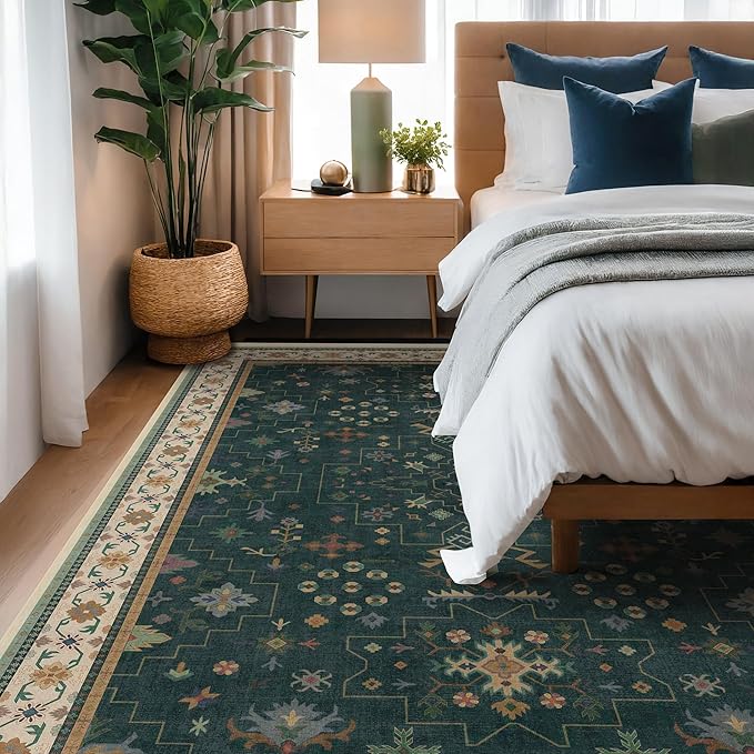 Hazo Haus Vintage 8x12 Large Area Rugs for Living Room - Oriental Dark Green Rug for Bedroom Under Bed, Washable Soft Dining Room Rug Under Kitchen Table, Low Pile Non Slip Unique Indoor Décor