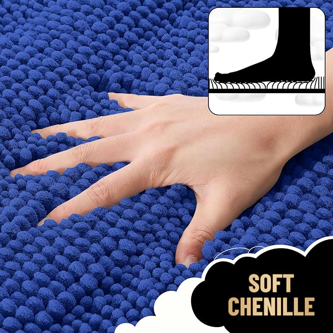 OLANLY Thick Bathroom Runner Rugs 44x24, Extra Absorbent Chenille Striped Bath Rugs, Rubber Backing, Machine Wash Dry, Long Bath Mats for Bathroom, Tub and Shower, Home Decor Accessories, Royal Blue