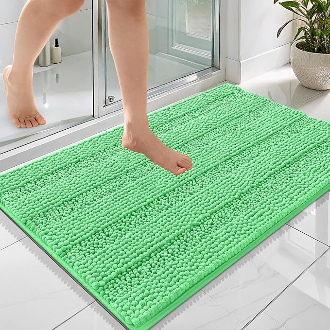OLANLY Thick Bathroom Rugs 36x24, Extra Soft Absorbent Chenille Striped Bath Rugs, Rubber Backing, Machine Wash Dry, Bath Mats for Bathroom Floor, Tub and Shower, Home Decor Accessories, Mint Green