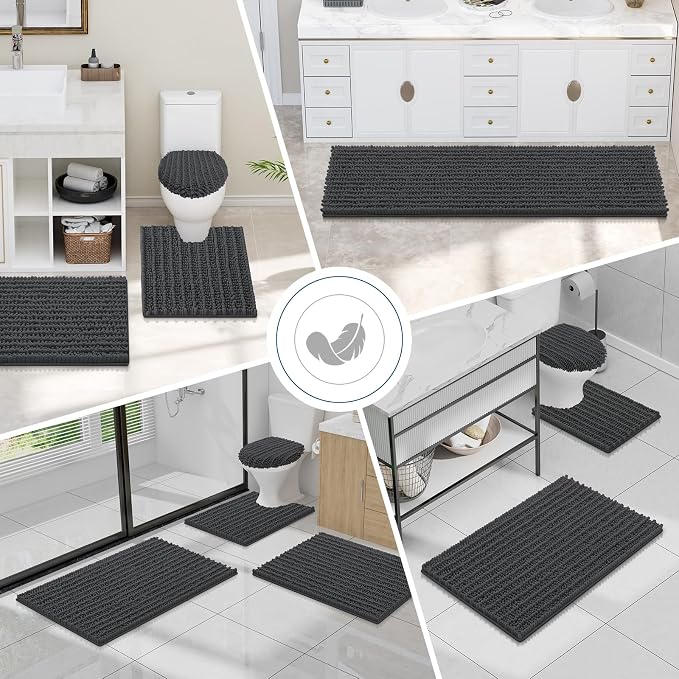 Smiry Bathroom Toilet Rugs U Shaped 24x24, Extra Soft Absorbent Non Slip Rubber Backing Chenille Contour Bath Rugs for Toilet, Machine Washable Contoured Bath Mats, Dark Grey