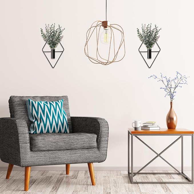 Jexine 4 Pcs Hanging Planters with Artificial Eucalyptus Metal Hanging Vase Indoor Plants Holder Modern Geometric Boho Bathroom Wall Decor for Living Room Home Office(Black)