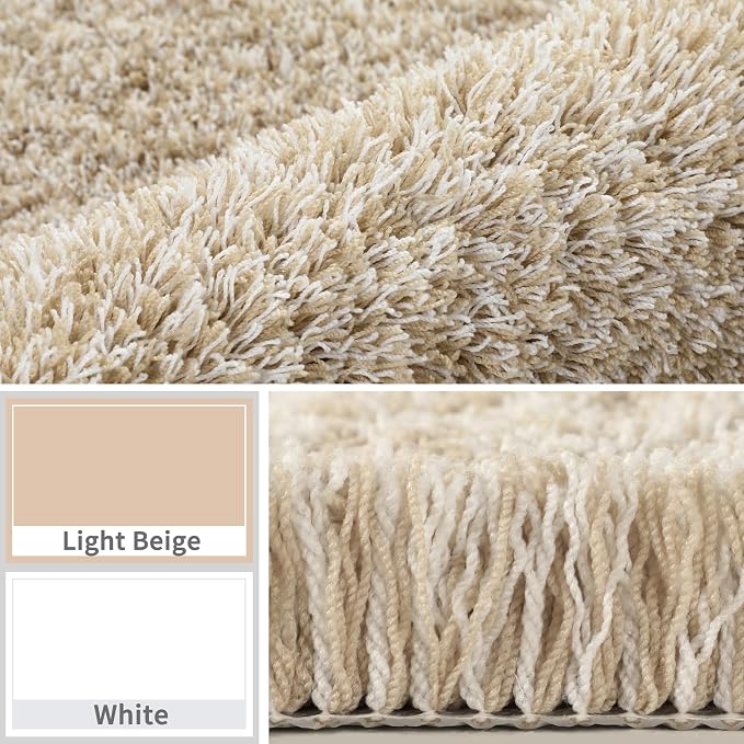 Yimobra Fluffy Plush Bath Rug, Shaggy Soft Comfortable Non Slip, Water Absorbent Microfiber Bath Mat, Dry Quick, Machine Washable Thick Bathroom Floor Rugs for Shower, 44" X 24", Light Beige and White
