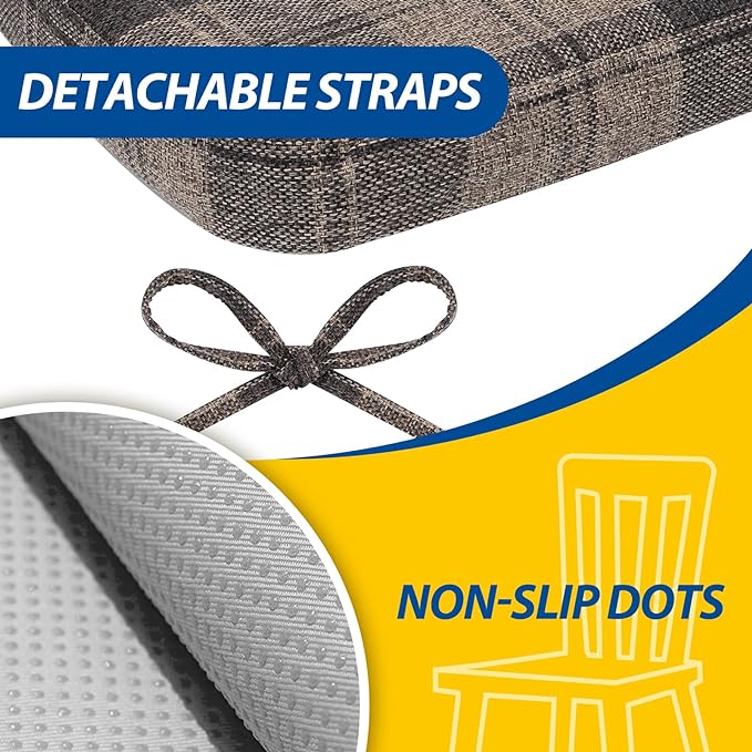 AAAAAcessories D-Shaped Chair Cushions, 2" Thick Dining Chair Pads with Ties and Removable, Machine-Washable Cover, 17" x 16", Set of 8, Brown Checkered