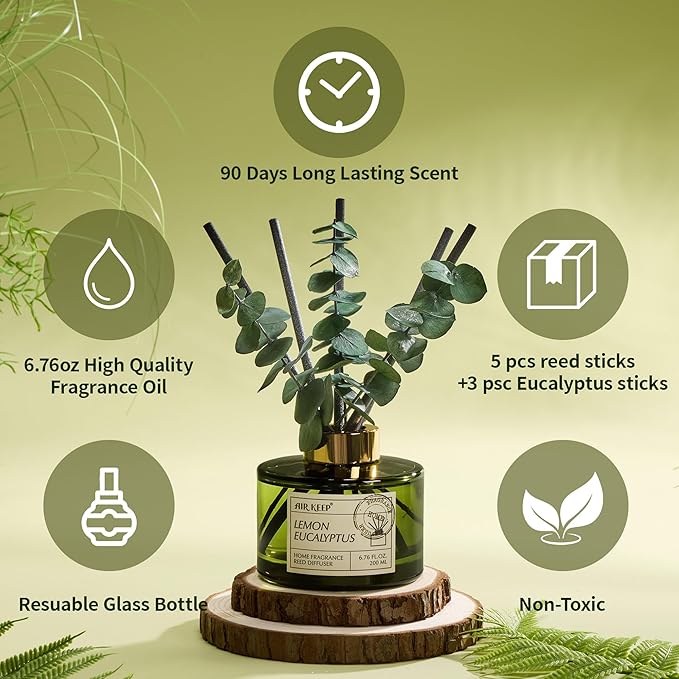 Airkeep Reed Diffuser Set with 6.76 fl oz Lemon Eucalyptus Scent Essential Oils and 3 Leaves & 8 Diffuser Sticks,Bathroom Shelf Decor & Air Freshener, House Bedroom Office Decor & Gifts