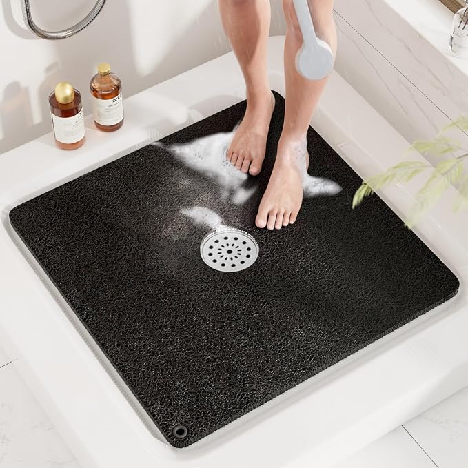 HITSLAM Shower Mat, 24x24 Inch Square Non Slip Bathtub Mat, Soft PVC Loofah Bath Mat for Tub with Hanging Holes, Quick Drying Shower Floor Mat, Without Suction Cups, Black