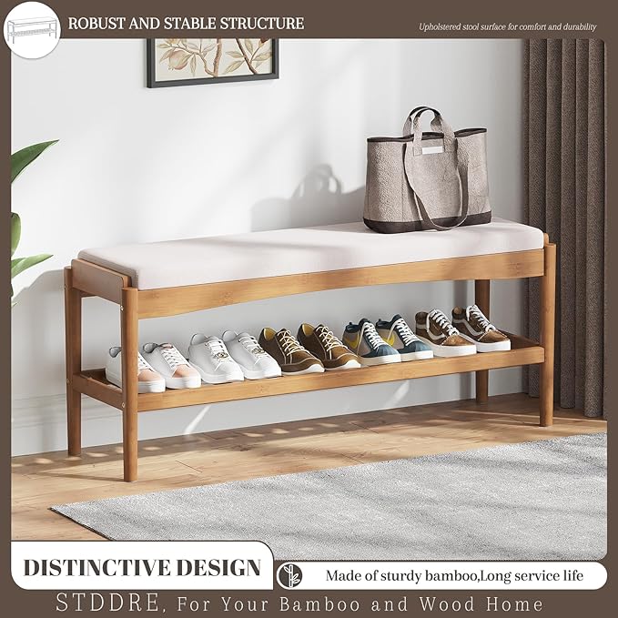 STDDRE Shoe Bench Entryway Bamboo 2-Tier Shoe Rack with Cushion Padded Seat Shoe Bench Organizer Stable for Entry, Hallway, Living Room, Bedroom, Closet (39.4 * 11.4 * 16.5IN, Brown-Beige)