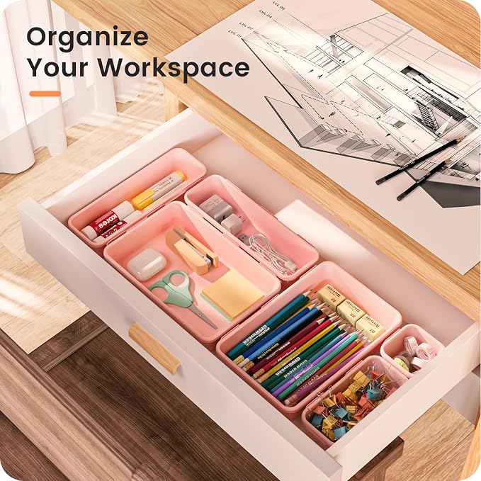A-LuGei 【Military Grade Drawer Organizer, 【𝟱𝗦𝗶𝘇𝗲】 Makeup organizer, 【Holds 177 Items】 Bathroom Organizers and Storage, Organization and Storage, Desk Drawer Organizer for Vanity (Pink)