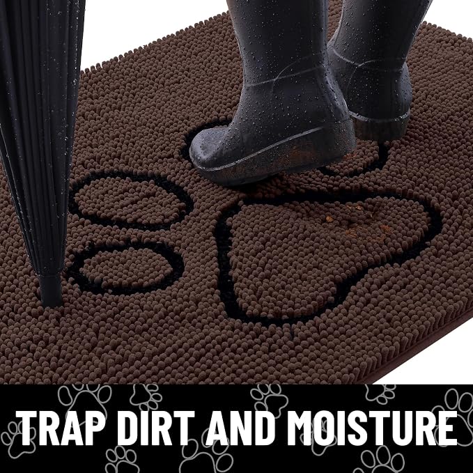 Smiry Dog Door Mat for Muddy Paws, Absorbent Dirt Trapper Non Slip Quick Dry Washable Chenille Mat for Mud Dogs, Entry Rug for Indoor and Outdoor (71x46 Inches, Brown and Black)
