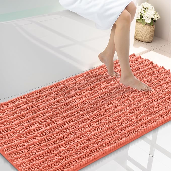 Smiry Bathroom Rugs Mat 44x24, Extra Soft Absorbent Chenille Bath Rugs, Non Slip Rubber Backing Machine Washable Quick Dry Bath Mats for Bathroom Floor, Tub, Shower, Home Decor Accessories, Coral