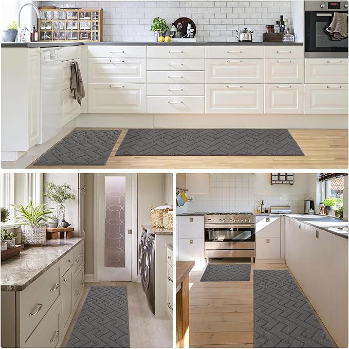 hicorfe Kitchen Runner Rugs and Mats Sets,2 Pieces Absorbent Non-Slip Kitchen Rug,Comfort Kitchen Mat for Floor,Washable for Kitchen,Hallway,Office,Sink,Laundry(20"x59"+20"x48",Grey)