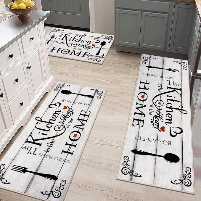 Vaukki Boho Kitchen Rug Sets 3 Pieces, Washable Kitchen Mats for Floor, Non Slip Soft Kitchen Area Rug Floor Mat for Kitchen, Laundry Room and Hallway (Log, 20''x32''+20''x47''+20''x59'')