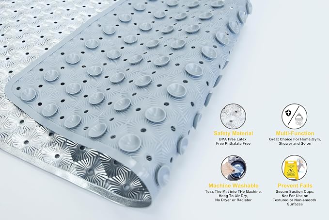 Bathtub Mat Non Slip with Suction Cups 15"x27" - Anti-Slip Shower Mat for Kids, Toddlers, and Seniors - Machine Washable Bath Tub Mat with Multiple Drainage Holes (Silver)