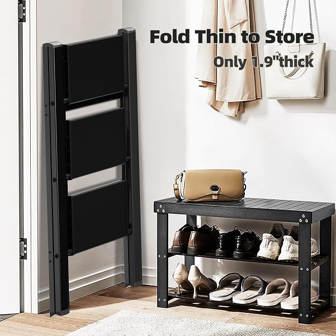HillhutApex 3 Step Ladder, Lightweight Portable 3 Step Stool with Anti-Slip Wide Pedal, 330lbs Capacity Aluminum Ladder for Household,Office,Kitchen(Black)
