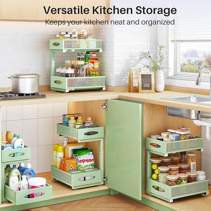 2 Pack Under Sink Organizer, 2 Tier Pull out Cabinet Organizer Mesh Baskets with 5 Adjustable Heights, Sliding Drawers Storage Shelf for Home, Kitchen, Bathroom, Pantry, Office, Countertop ,Green