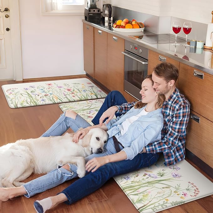 KIMODE Anti Fatigue Kitchen Mats for Floor, Farmhouse Floral Kitchen Rugs 20"x47"+20"x32", Non Slip Waterproof Kitchen Floor Mats, Comfort mats for Kitchen Floor, Sink, Laundry, Desk White
