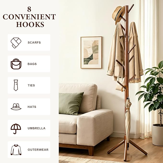 Wooden Coat Rack Freestanding with 8 Hooks & 3 Adjustable Sizes for Clothes, Space-Saving Design for Bedroom Office Entrance Holds Hats Coats Scarves Bags