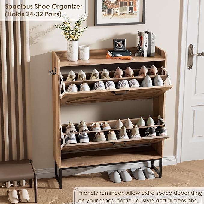 Nicetree Shoe Cabinet with 2 Flip Drawers，Freestanding Shoe Storage Cabinet, Narrow Shoe Organizer Cabinet, Farmhouse Slim Shoe Rack Cabinet for Entryway, Oak with Hook