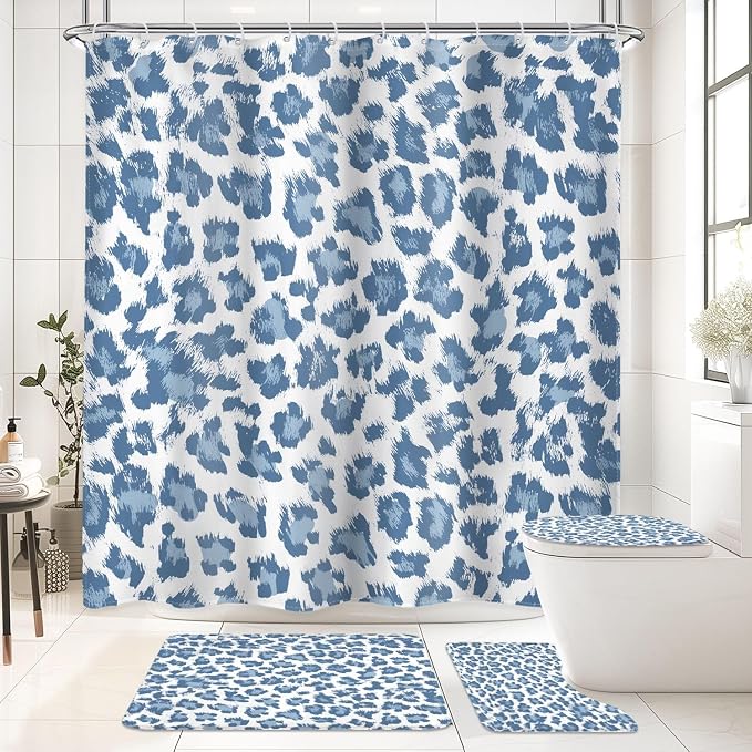4 PCS Blue Leopard Print Shower Curtain Set 72Wx72H,Toilet Lid Cover,Non-Slip Rugs and U-Shaped Mat,Cheetah Wild Bathroom Sets with Rugs Shower Accessories 12 Hooks for Bathroom Decor