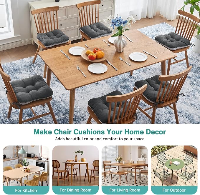 BETU Chair Cushions for Dining Chairs Set of 6,3.5" Thick Kitchen Table Chair Pads with Ties,Non Slip Backing and Covers, Seat Cushion for Dining Room,Bar,Patio Chairs,15.5"X15.5"X3.5",Dark Grey