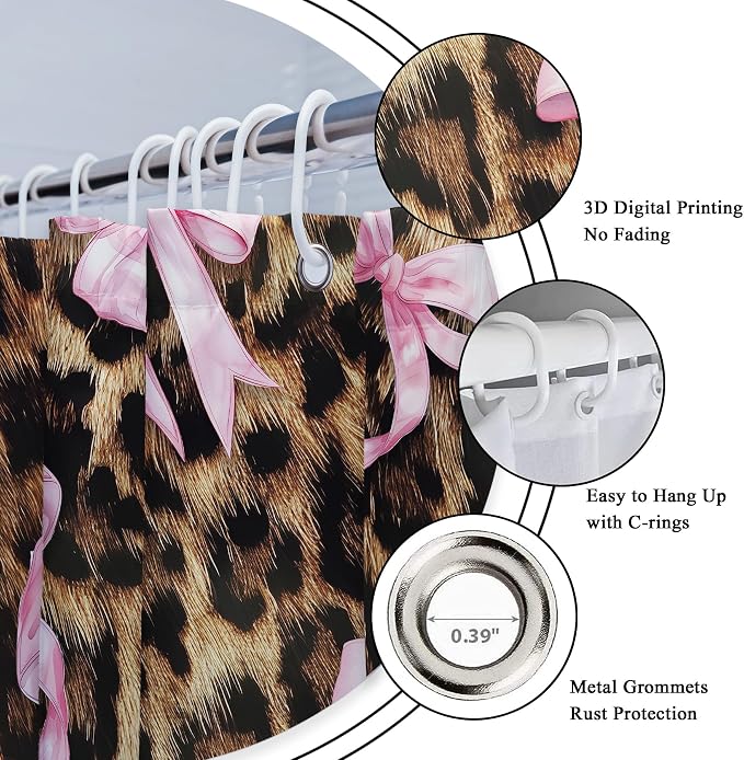 4 PCS Leopard Print Bow Shower Curtain Set 72Wx72H,Toilet Lid Cover,Non-Slip Rugs and U-Shaped Mat,Girly Pink Cheetah Bathroom Sets with Rugs Shower Accessories 12 Hooks for Bathroom Decor