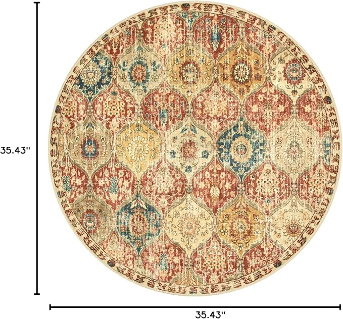 Lahome Moroccan Trellis Round Area Rugs, Washable Small Round Rug 3ft Non-Slip, Soft Vintage Ultra-Thin Circle Carpet for Bedroom Entryway Kitchen Laundry Bathroom Elise, Red/Orange