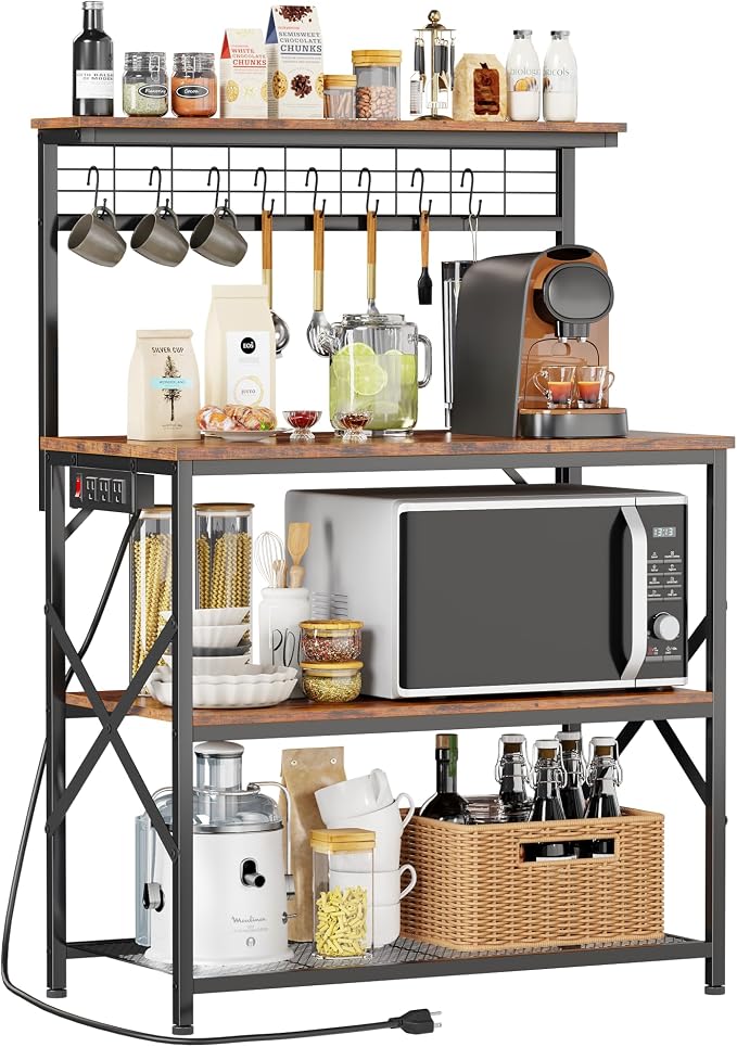 Furologee Kitchen Bakers Rack with Power Outlet,Coffee Stand with Storage 4 Tiers,Coffee Bar Station with a 31.5 Inch Larger Desktop and 8 S Hooks,Kitchen Microwave Rack for Spices,Pots,Rustic Brown