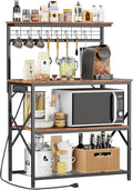 Furologee Kitchen Bakers Rack with Power Outlet,Coffee Stand with Storage 4 Tiers,Coffee Bar Station with a 31.5 Inch Larger Desktop and 8 S Hooks,Kitchen Microwave Rack for Spices,Pots,Rustic Brown
