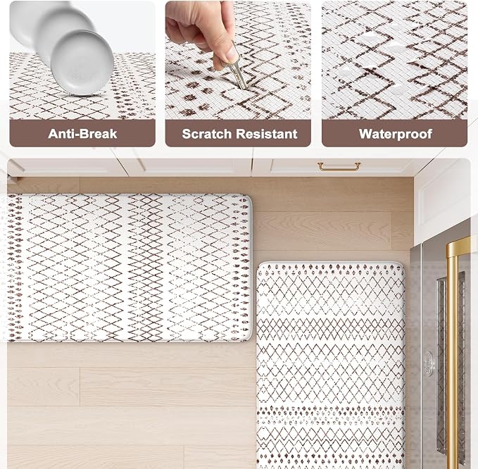 KIMODE Kitchen Mats 2PCS Cushioned Anti Fatigue Boho Kitchen Rugs and Mats Non Slip Waterproof Kitchen Mats for Floor Comfort Foam Standing Desk Mat for Home Office Sink Laundry Brown and White Decor