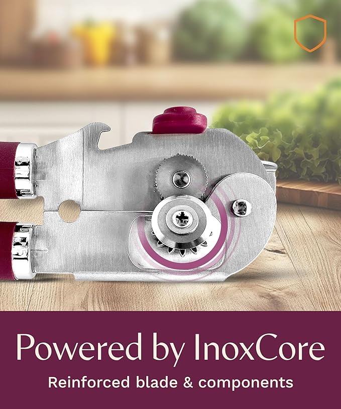 Premium Multifunction Magnetic Manual Can Opener and Bottle Opener, Heavy Duty Stainless Steel Sharp Cutting Blade and Oversized Easy Turn Knob, Soft-Touch Handle, Kitchen Use, Mauve