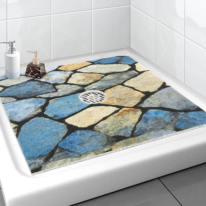 Square Shower Mat, Yonala 27 x 27 Inch Stylish Non Slip Shower Mats for Inside Shower with Central Drain Hole, Soft Trimmable PVC Loofah Anti Slip Shower Mat for Walk in Shower Stall, Quick Drying