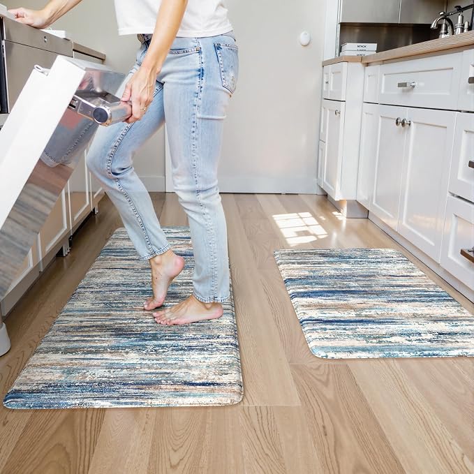 KIMODE Kitchen Mats for Floor Anti Fatigue, 17"x47"+17"x29" Farmhouse Kitchen Rugs Sets of 2, Padded Kitchen Floor Mats, Comfort Standing Mats for Sink Laundry Office Desk Dark Blue Grey