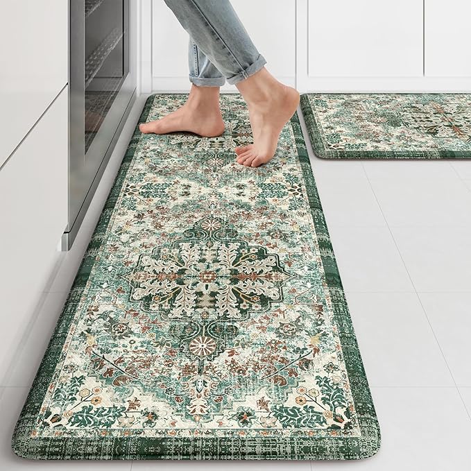 KIMODE Kitchen Mats Cushioned Anti Fatigue, Boho Oriental Kitchen Rugs 17"x47"+17"x29", Non Slip Kitchen Mats for Floor, Padded Kitchen Floor Mats for Sink Laundry Office Desk Green Multi