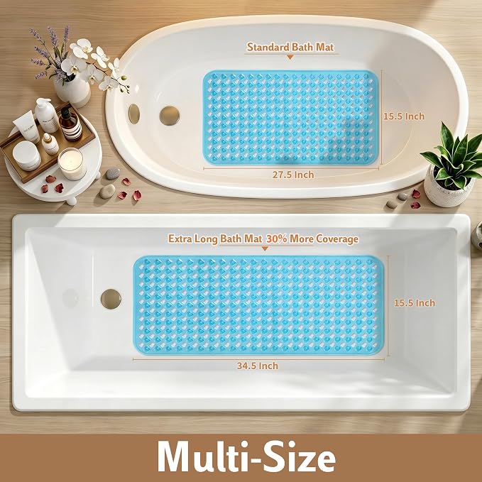 Yimobra Bathtub Mat Non Slip, 35"X16" Shower Mat with Strong Suction Cups & Drain Holes, Long Anti Slip Bath Tub Mat for Inside Shower, Machine Washable Fast Drying, Bathroom Essentials, Clear Blue
