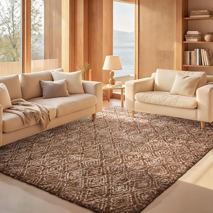 Ophanie 6x9 Brown and White Diamond Striped Rugs for Living Room,Large Fluffy Shag Fuzzy Plush Soft Carpets, Shaggy Rug for Bedroom, Carpet for Kids Boys Girls Dorm Nursery Home Decor Aesthetic