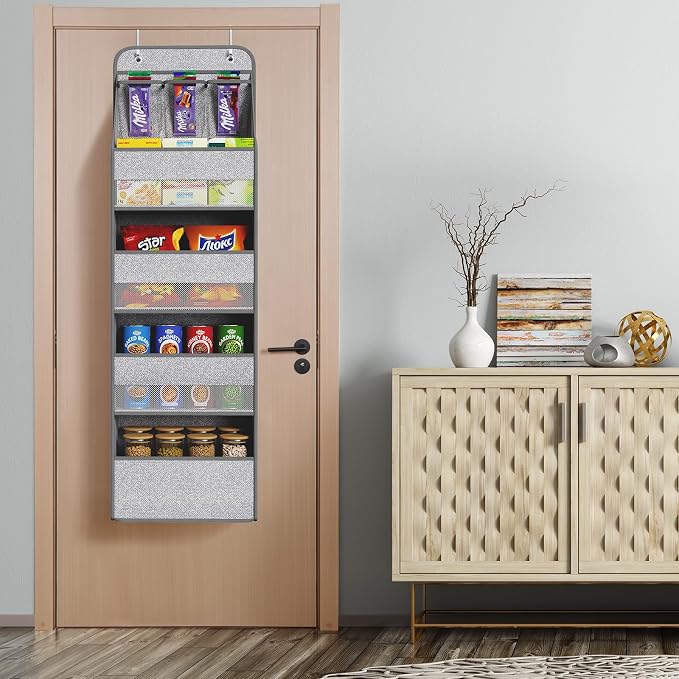 Univivi 5-Shelf Door Storage Over Door Hanging Organizer with 4 Large Pockets and 3 Small PVC Pockets Nursery Closet Cabinet Wall Mount Hanging Storage Organizers for Baby Nursery (Grey Pattern)